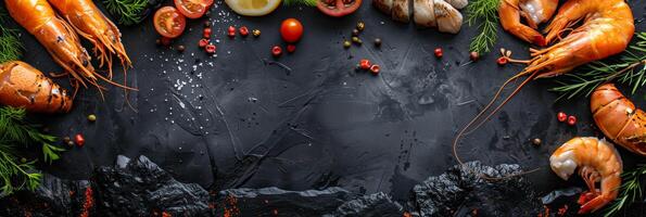 Seafood frame on black stone background with copy-space, photorealistic photo
