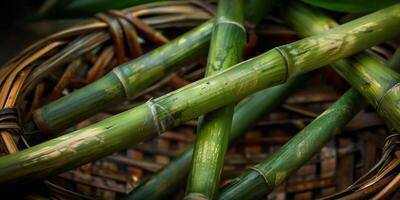 Elegant grouping of narrow bamboo shoots intersecting in a circular woven basket, photo