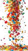 Exploding fruity pebbles cereal with individual pieces floating in white space, depth of field, isolated white background, photo