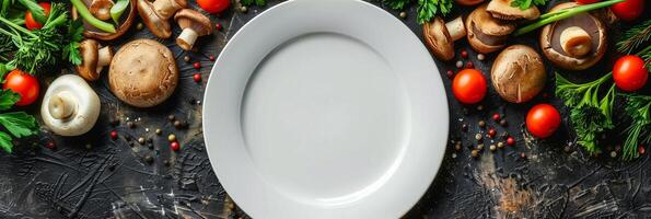 Empty plate with champignons, porcini mushrooms, cheese, and green onions, photography photo
