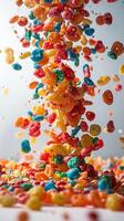 Exploding fruity pebbles cereal with individual pieces floating in white space, depth of field, isolated white background, photography photo