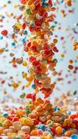 Exploding fruity pebbles cereal with individual pieces floating in white space, depth of field, isolated white background, picture photo