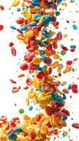 Exploding fruity pebbles cereal with individual pieces floating in white space, depth of field, isolated white background, photorealistic photo
