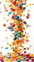 Exploding fruity pebbles cereal with individual pieces floating in white space, depth of field, isolated white background, picture photo