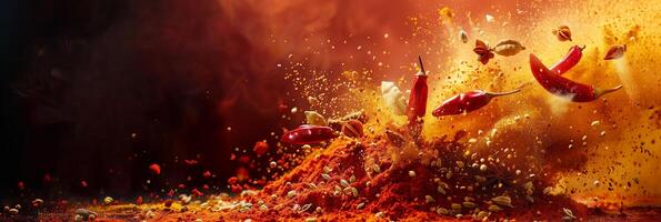 Exploding spices mid-air against a reddish background, photo