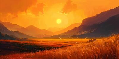 Fiery orange sun setting behind mountains, casting long shadows, photorealistic photo
