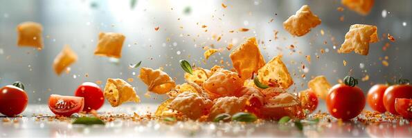 Delicious square potato chips exploding with sliced tomatoes flying nearby on a white background with studio lighting, photography photo