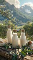 Fresh milk in glass bottles and milk can on wooden table with green farm background, photorealistic photo