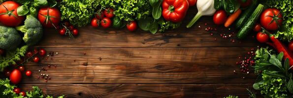 Fresh organic raw vegetables on a wooden table, top view, with copy space, photography photo