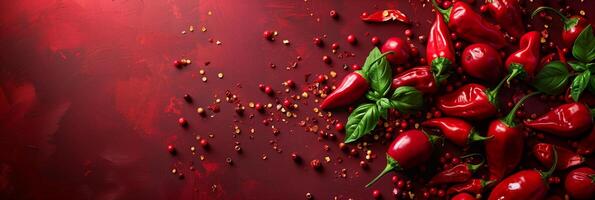 Fresh realistic template of Carolina Reaper pepper and sparse sauce on dark red background, picture photo