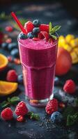 Fresh fruit vegetable juice smoothie with toppings, natural light, photography photo