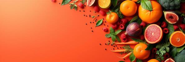 Creative arrangement of fruits and vegetables on the right of an orange surface, spacious left side, photo