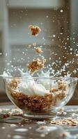 Front view of transparent glass bowl with oatmeal, milk, flakes, drops, splashes, photorealistic photo