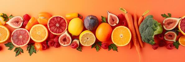 Creative arrangement of fruits and vegetables on the right of an orange surface, spacious left side, photography photo