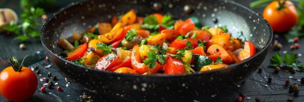 Frying pan with vegetables cooking inside, photorealistic photo
