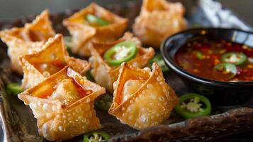 Fusion appetizer platter with crispy wontons stuffed with goat cheese and jalapenos served with sweet chili sauce, picture photo