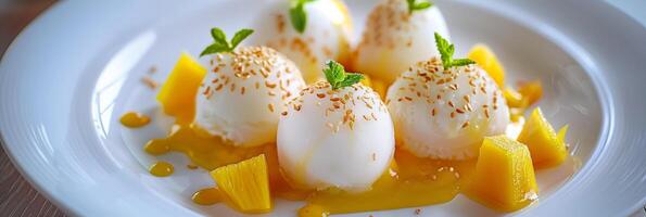 Fusion dessert, Mochi ice cream with a tropical twist of pineapple and mango, photorealistic photo