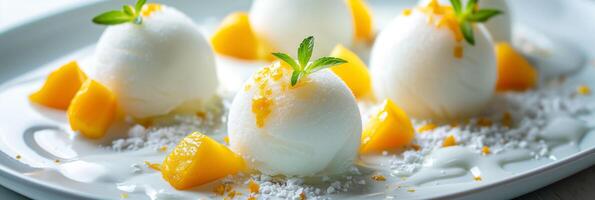 Fusion dessert, Mochi ice cream with a tropical twist of pineapple and mango, picture photo