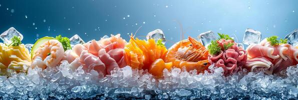 Creative image of various frozen food ingredients like shrimp, ham, meat, crab, fish, surrounded by ice cubes on ice blue background, picture photo