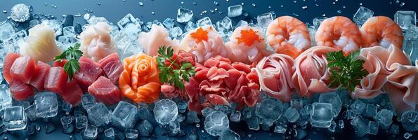 Creative image of various frozen food ingredients like shrimp, ham, meat, crab, fish, surrounded by ice cubes on ice blue background, photography photo