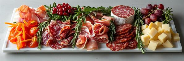 Ingredients of a gourmet assortment, charcuterie, cheeses, vegetables, fruits, floating above a stylish tray, neutral background, sharp outlines, photography photo