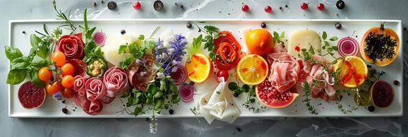 Ingredients of a gourmet assortment, charcuterie, cheeses, vegetables, fruits, floating above a stylish tray, neutral background, sharp outlines, photorealistic photo