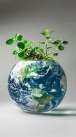 Globe with green leaves inside on a white background, photography photo