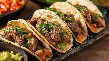 Gourmet tacos filled with teriyaki-marinated beef kimchi cilantro sesame seeds and wasabi guacamole, photorealistic photo