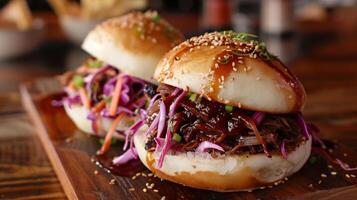 Bao bun slider with barbecue pulled pork Asian slaw and fried shallots, photo