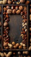 Medley of nuts on a gray background, photorealistic photo