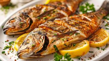 Grilled fish fillets with perfectly crispy skin garnished with fresh herbs and lemon slices resting on a white platter, picture photo