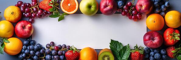 Healthy fruits with blank white paper sheet for greeting text, vibrant color background, photo