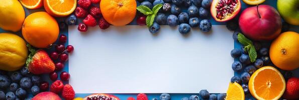 Healthy fruits with blank white paper sheet for greeting text, vibrant color background, photography photo
