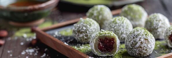 Homemade Japanese mochi balls dusted with matcha powder and filled with red bean paste, photography photo