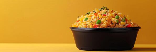 3D icon of fried rice in a black delivery box, cute, floating in the air, picture photo