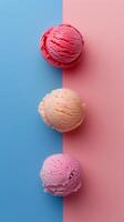 Ice cream scoops on different color backgrounds, top view, photography photo