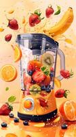 Blender with various fruits inside, liquid coming out and filling the scene with a big splash and scattered fruits, photo