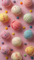 Ice cream scoops on different color backgrounds, top view, photo
