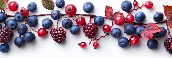 White billboard with berries in the corner, vertical Nordic design on pure white background, photorealistic photo