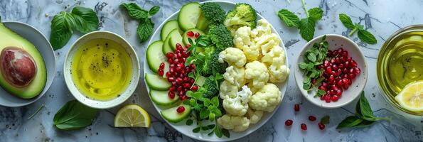 Ingredients for broccoli and cauliflower salad, with avocado, pomegranate on marble background, photography photo