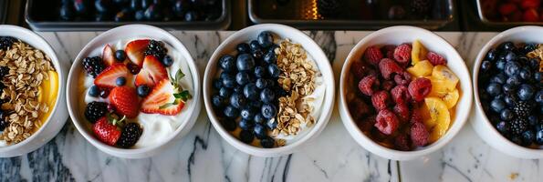 Interactive build-your-own parfait bar with local honey, granola, and fresh fruit toppings, photo