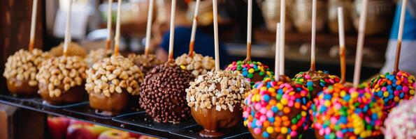 Interactive DIY caramel apple dipping station with assorted toppings like crushed nuts and rainbow sprinkles, photorealistic photo