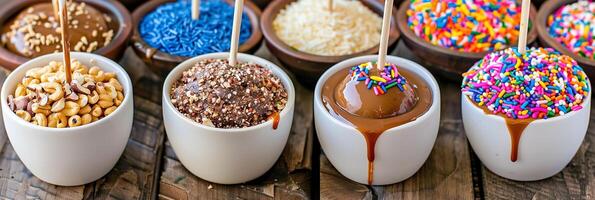 Interactive DIY caramel apple dipping station with assorted toppings like crushed nuts and rainbow sprinkles, picture photo