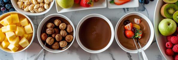 Interactive DIY fondue party kits with assorted dipping fruits and nuts, photo