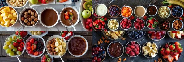 Interactive DIY fondue party kits with assorted dipping fruits and nuts, photography photo
