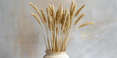 Linear arrangement of dried wheat stalks standing upright in a tall, narrow porcelain pot, photo
