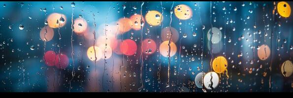 Macro shot of raindrops on a window pane against a blurred background, photorealistic photo