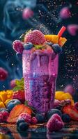 Smoothies and fresh fruit, on a dark background, natural lighting, highly detailed and intricate, photorealistic photo