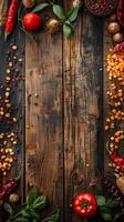 Wood table with nixtamal and colorful corn grains in corners, center space for stationery design, photo