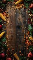 Wood table with nixtamal and colorful corn grains in corners, center space for stationery design, photorealistic photo